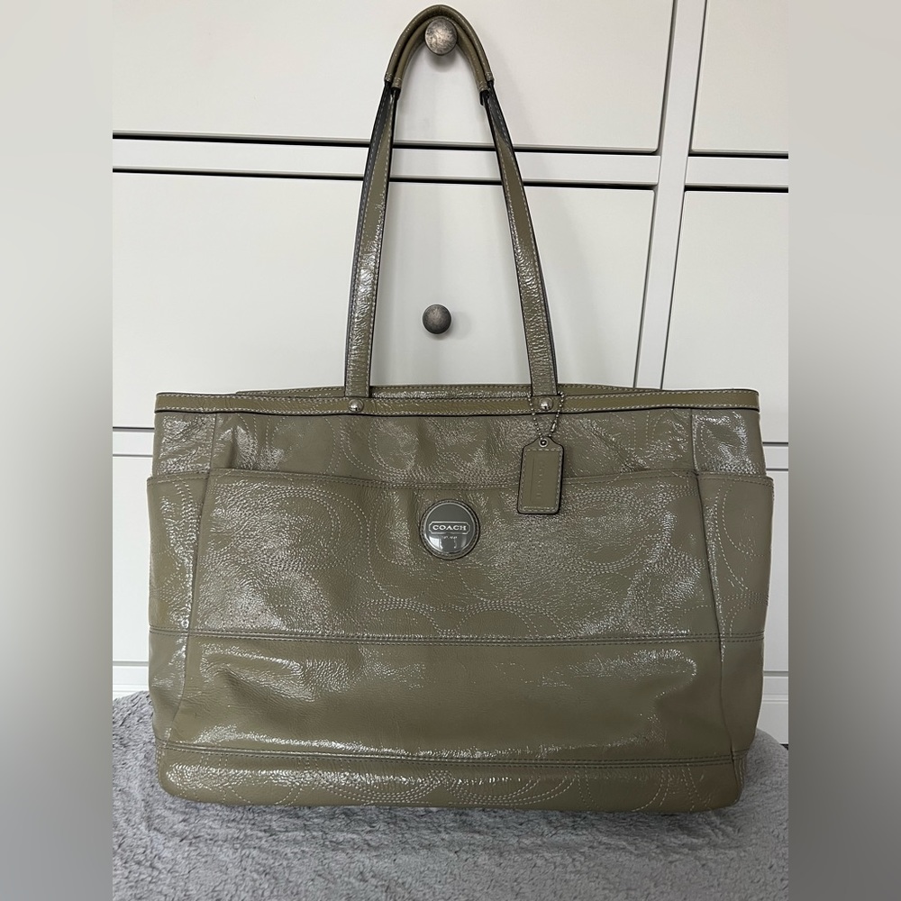 Coach Signature Patent Leather Large Diaper Tote Bag | Gray